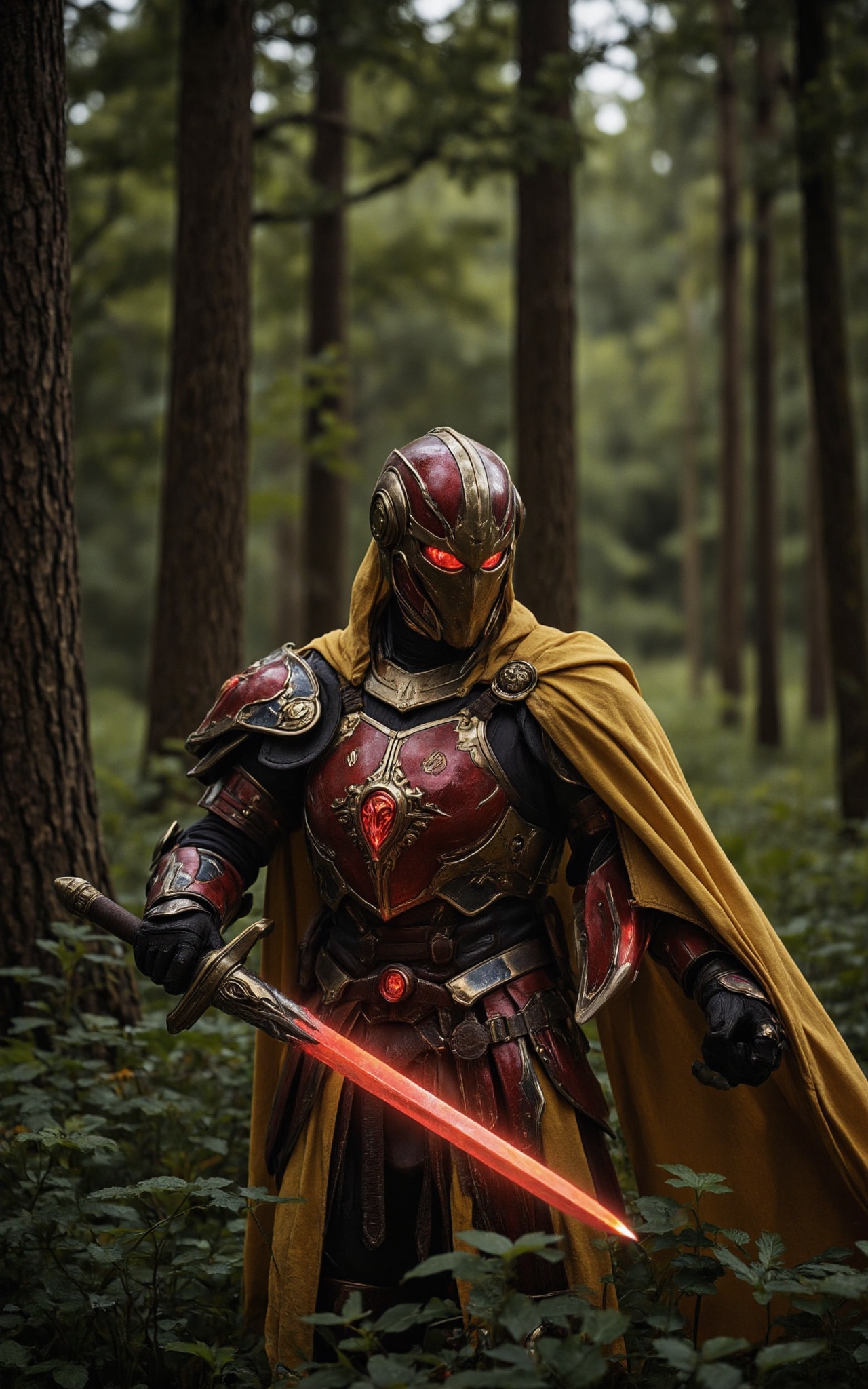 A photograph of a fantasy warrior in a dense forest. The armored figure,  clad in ornate red and gold armor with a yellow...