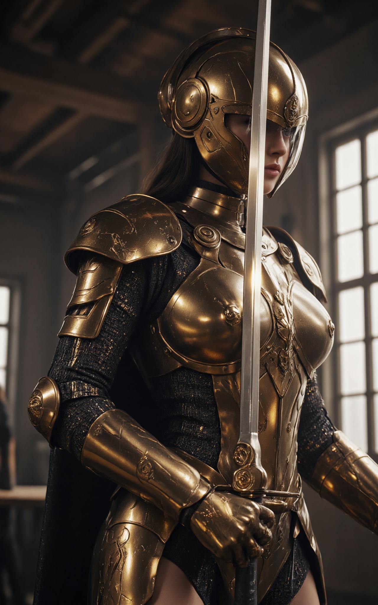 A highly detailed CGI image of a female knight in shiny,  golden armor with intricate designs,  holding a sword. She has a...