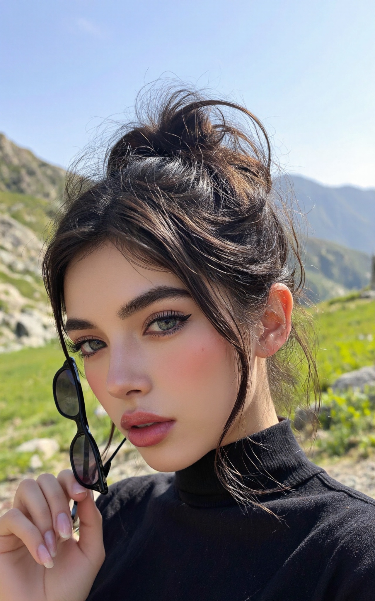 A woman with medium skin tone and dark hair,  styled in a messy bun,  stands in a grassy on Tensor.Art