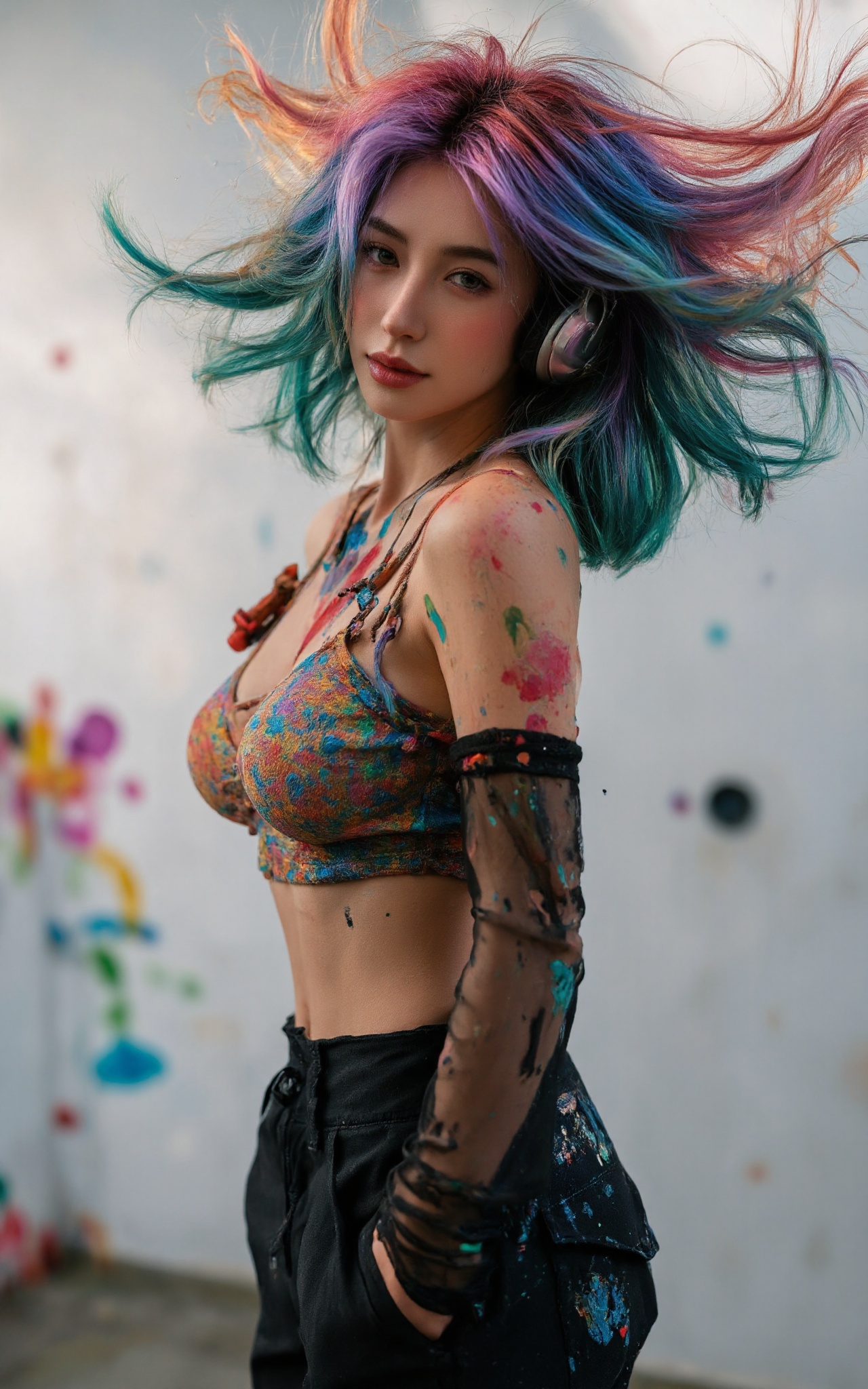 a award winning half body portrait of a beautiful girl in a croptop and cargo pants with ombre purple pink teal hairstyle...