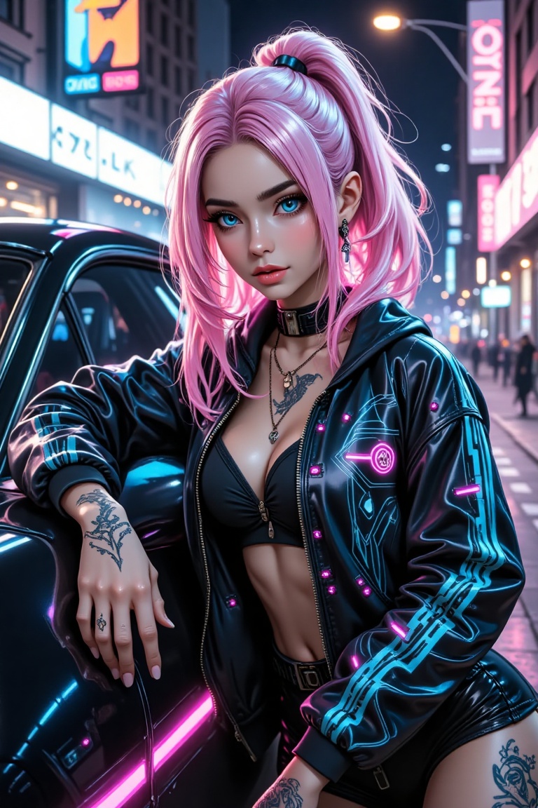 A cyberpunk girl with glowing neon hair leans casually on a Tesla Cybertruck. Her electric blue eyes and jacket's circuit...