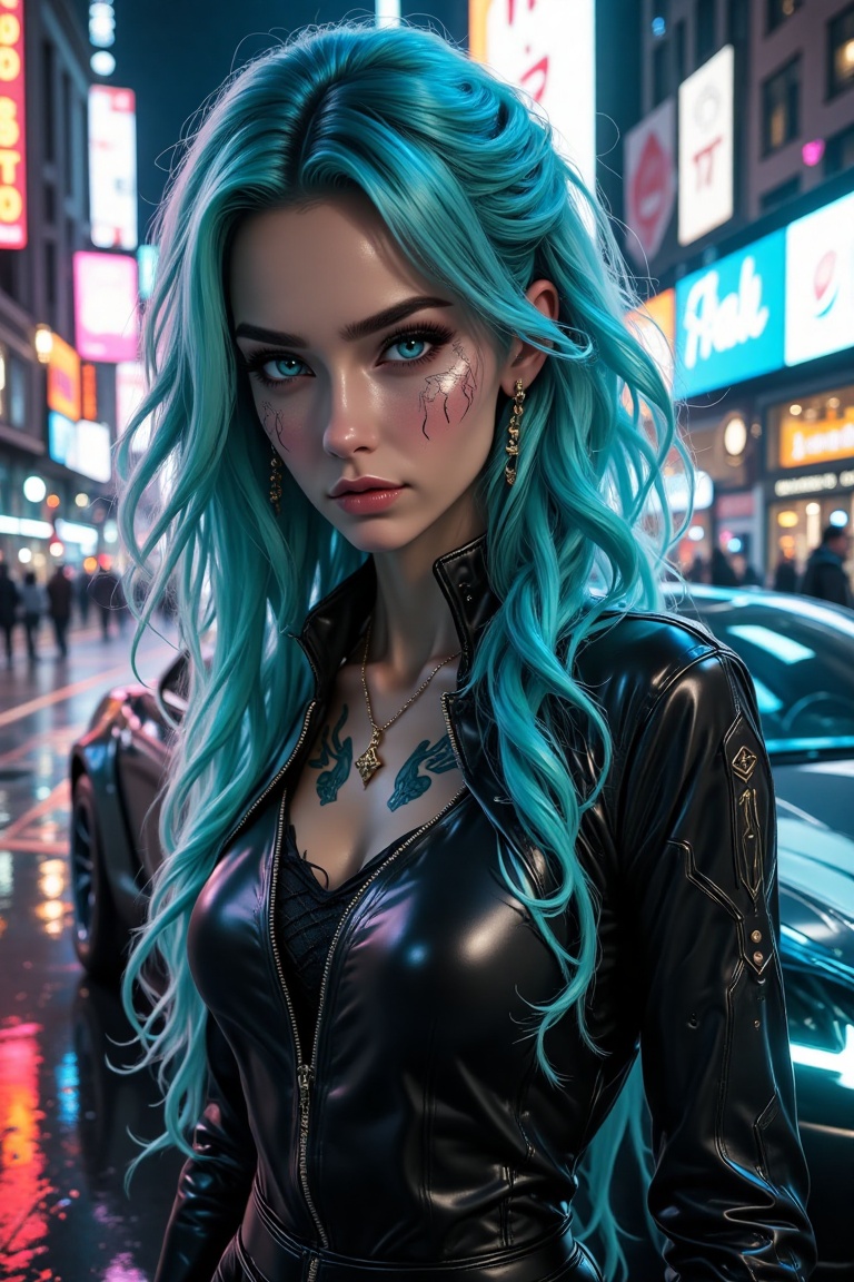 A futuristic warrior princess with flowing cyan hair strikes a pose near a matte black Tesla Cybertruck. Her electric blue...