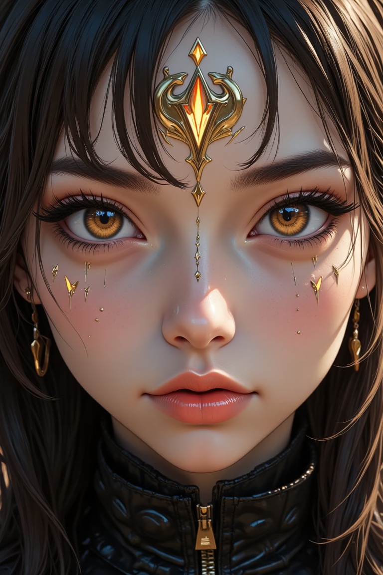 Warm brown eyes dominate this close-up,  framed by cyberpunk gothic styling. Reddish-yellow-orange lips draw focus while m...