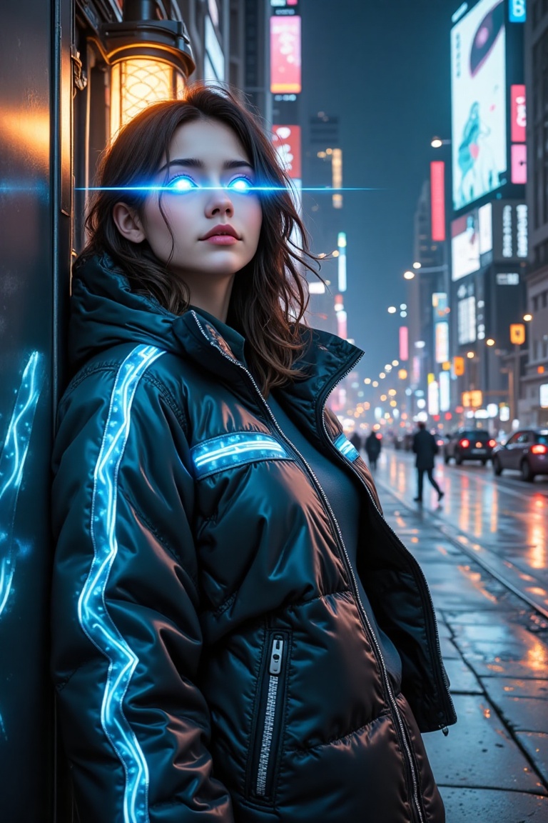 Electric blue circuits pulse across the girl's jacket as she leans casually against the truck. Prism beams shoot from her...