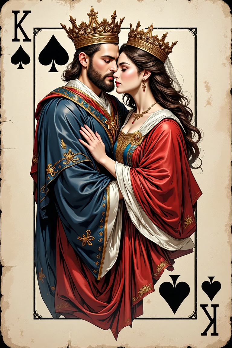 A king of clubs embraces a queen,  their card suits overlapping in a double exposure. Rich,  detailed illustrations of the...