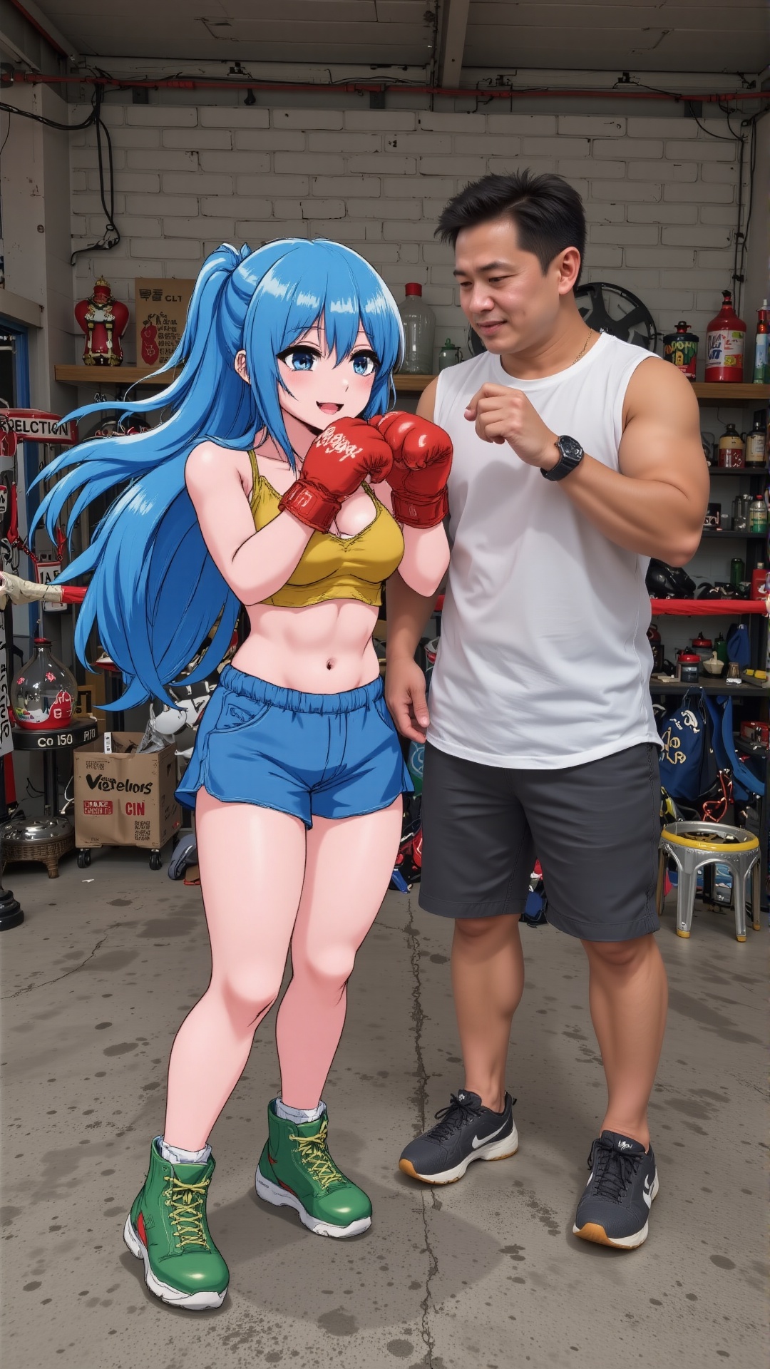 An anime girl,  She is a boxer,  with long blue hair tied in a ponytail on Tensor.Art