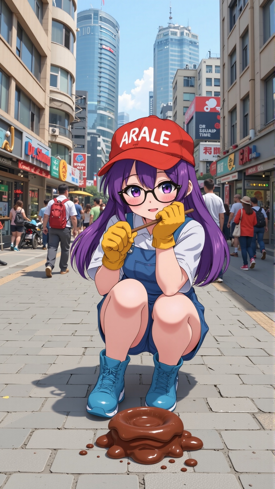 Arale,  the anime character from Dr. Slump,  is wearing a red baseball cap with white wings on both sides on Tensor.Art
