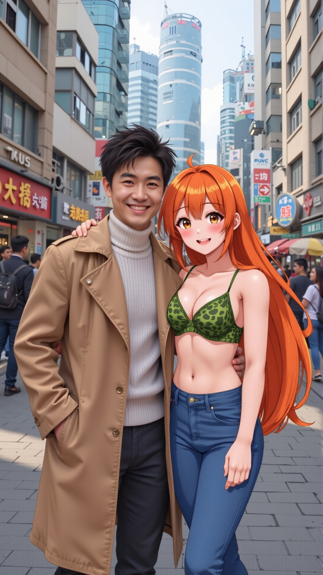 A young Asian man is standing on a bustling modern city street during a clear,  sunny day. He is smiling warmly and wearin...