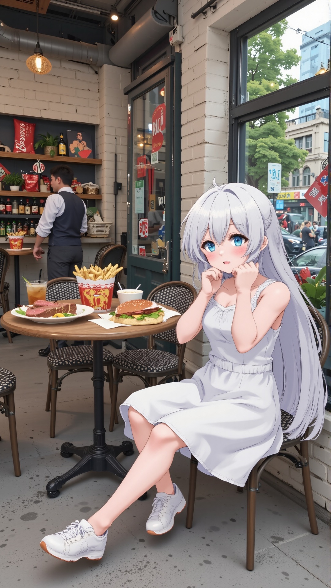In a realistic and high-definition vegetarian restaurant,  there is a bar and dining tables and chairs. Steaks,  hamburger...