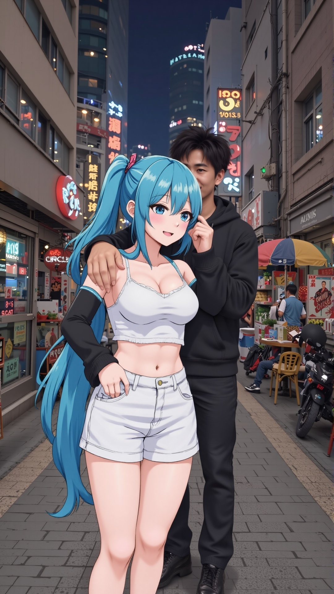 A perfect mix of images,  (1 real young man hair spike hawk black and list white) and . (Anime woman) Hatsune miku standin...