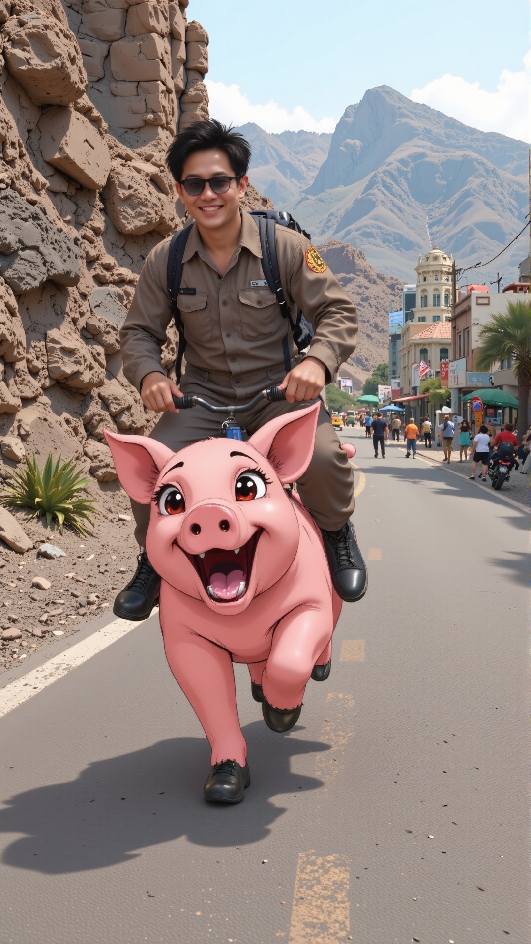 A classic cartoon illustration character "The Lion King" of a “Pumbaa” pig,  running gracefully in a realistic desert. A r...