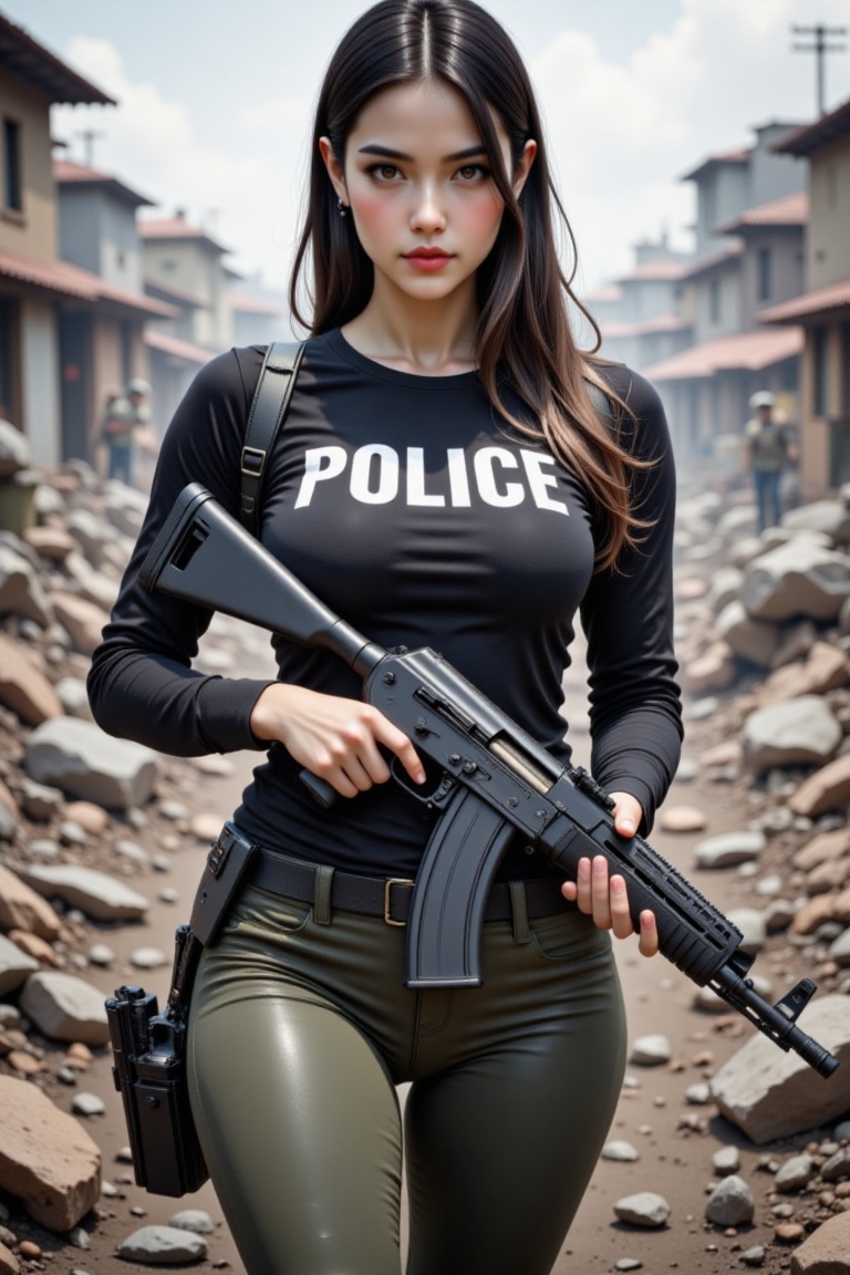 A determined female stands in the battlefield,  holding an AK117 gun with a black Beretta holstered at her side. She wears...