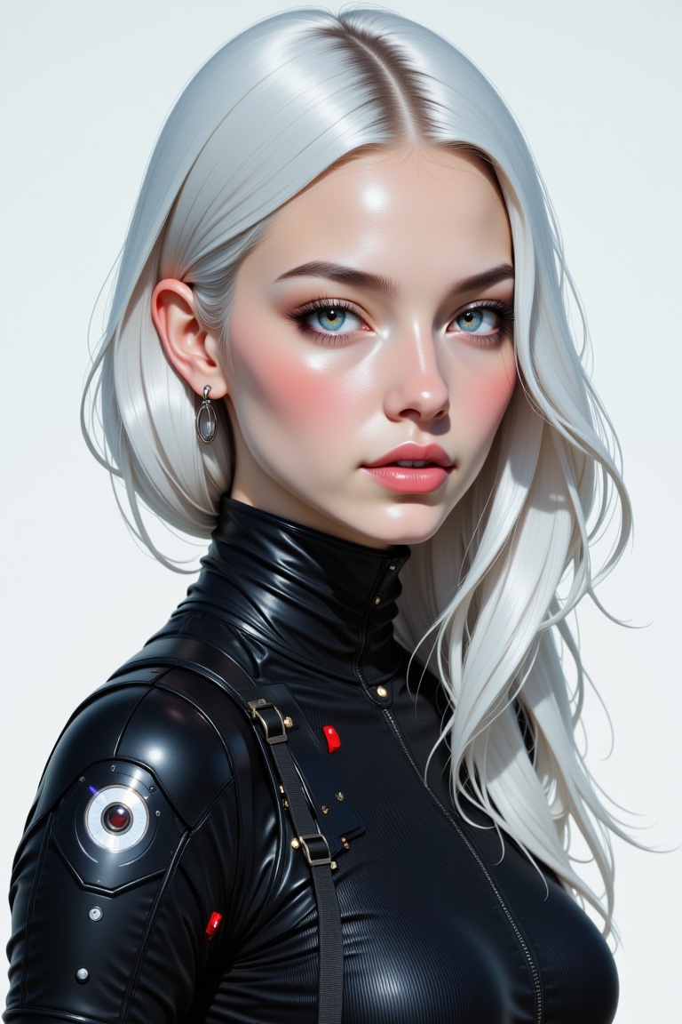A striking portrait of a youthful woman with an ethereal presence. Her flawless,  porcelain-like skin reflects a delicate...