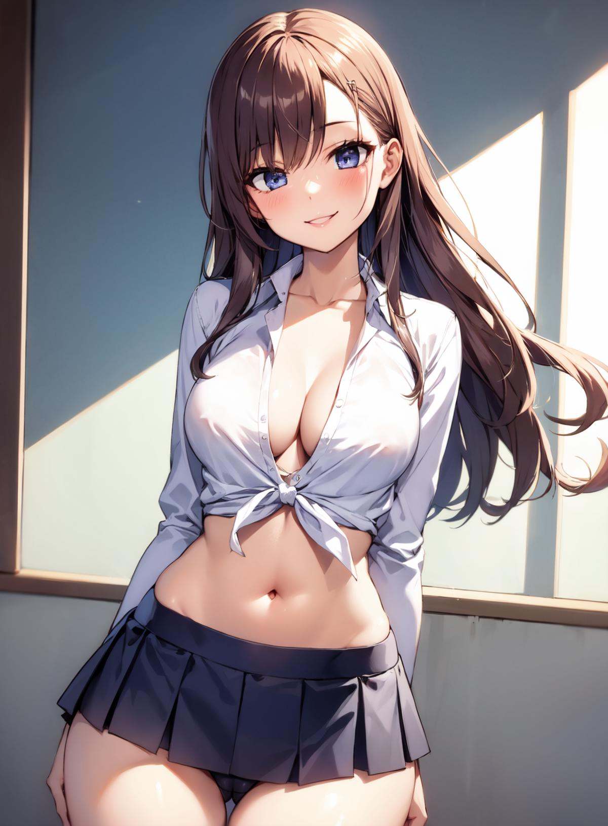 1girl,  unbuttoned shirt,  microskirt on Tensor.Art