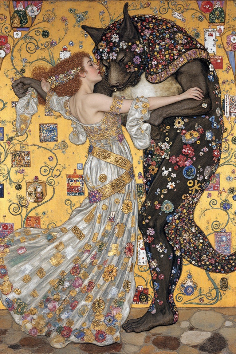 art by gustav klimt,  the beauty dancing with the beast,  granite floor on Tensor.Art