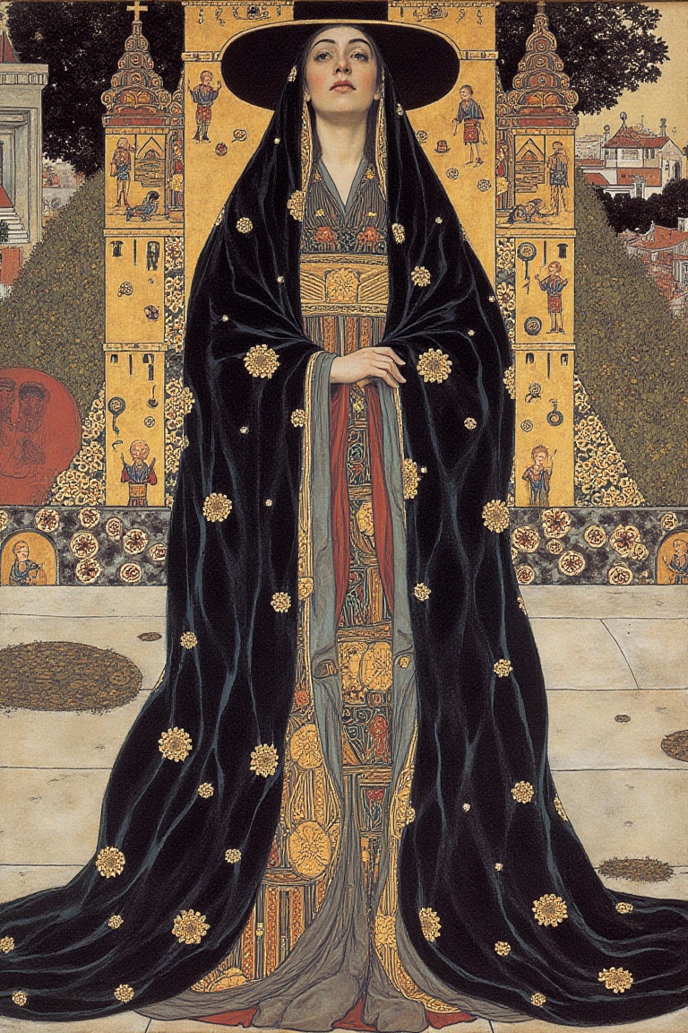 art by gustav klimt,  A woman wearing dark robes,  against a temple background on Tensor.Art