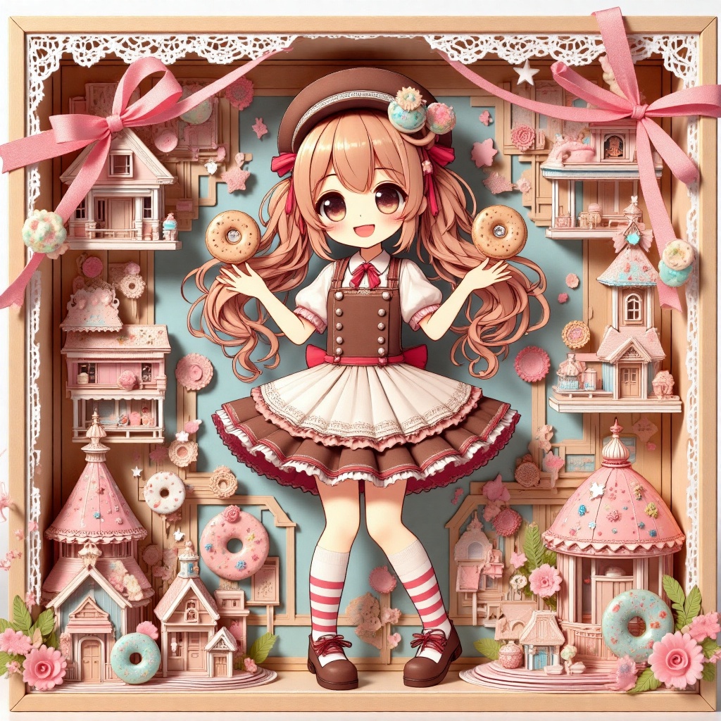 In a whimsical diorama,  a caramel-haired anime girl with braids and a beaming smile dons a chocolate apron dress,  macaro...