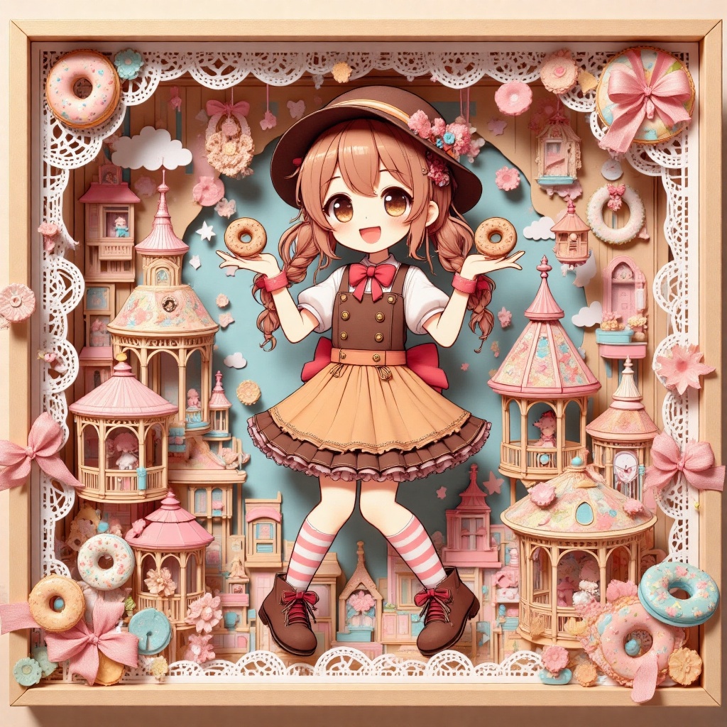 In a whimsical diorama,  a caramel-haired anime girl with braids and a beaming smile dons a chocolate apron dress,  macaro...