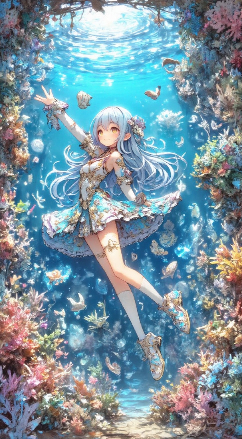 cute anime mermaid girl,  underwater world,  shadow box theme with layers of coral and fish on Tensor.Art