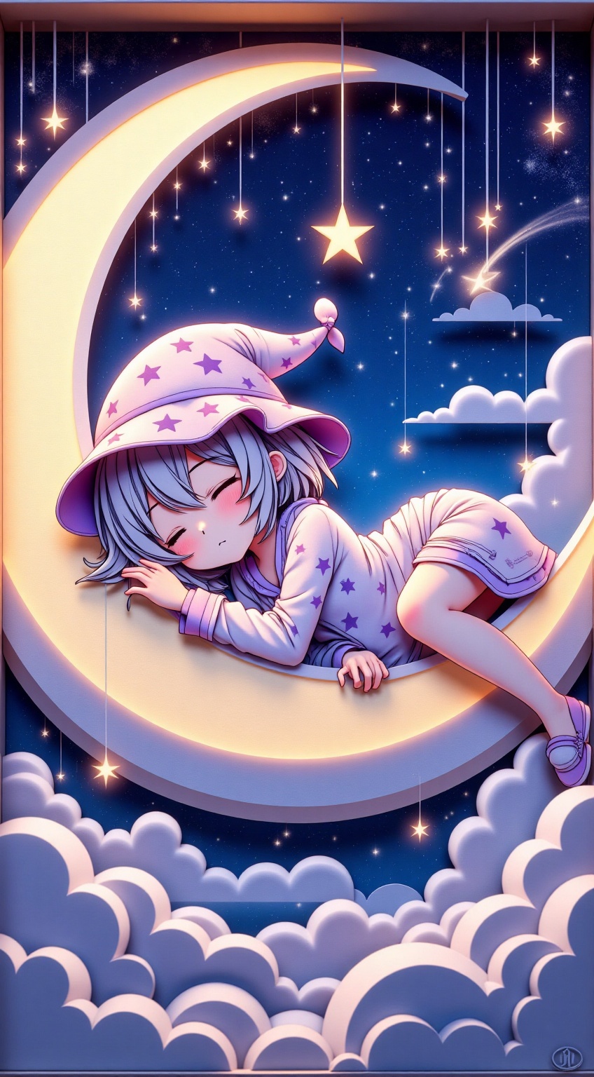 Cute anime girl sleeping in a crescent moon under a night sky,  shadow box style with glowing stars,  (Outfit: Pajamas + s...