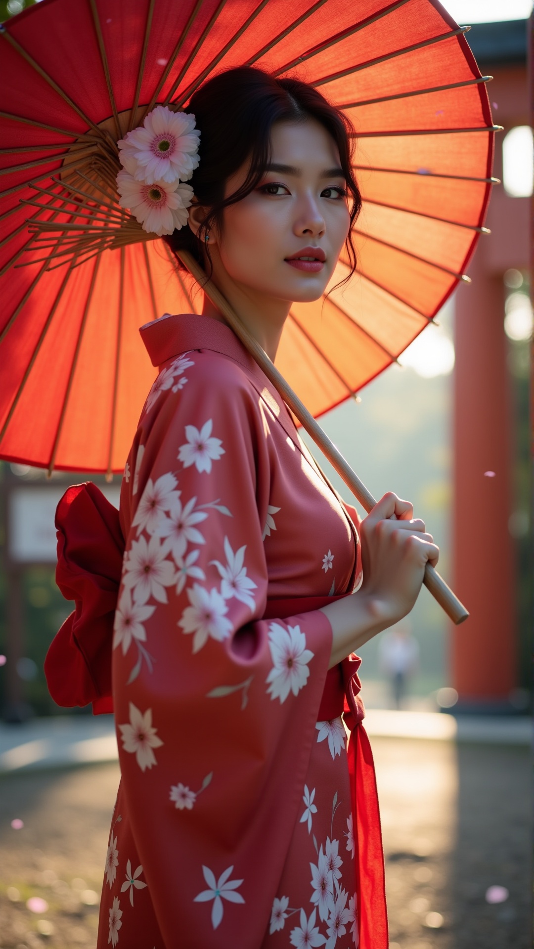 A beautiful and sexy woman wearing a traditional yet elegant kimono,  standing in front of a Japanese shrine,  holding a J...
