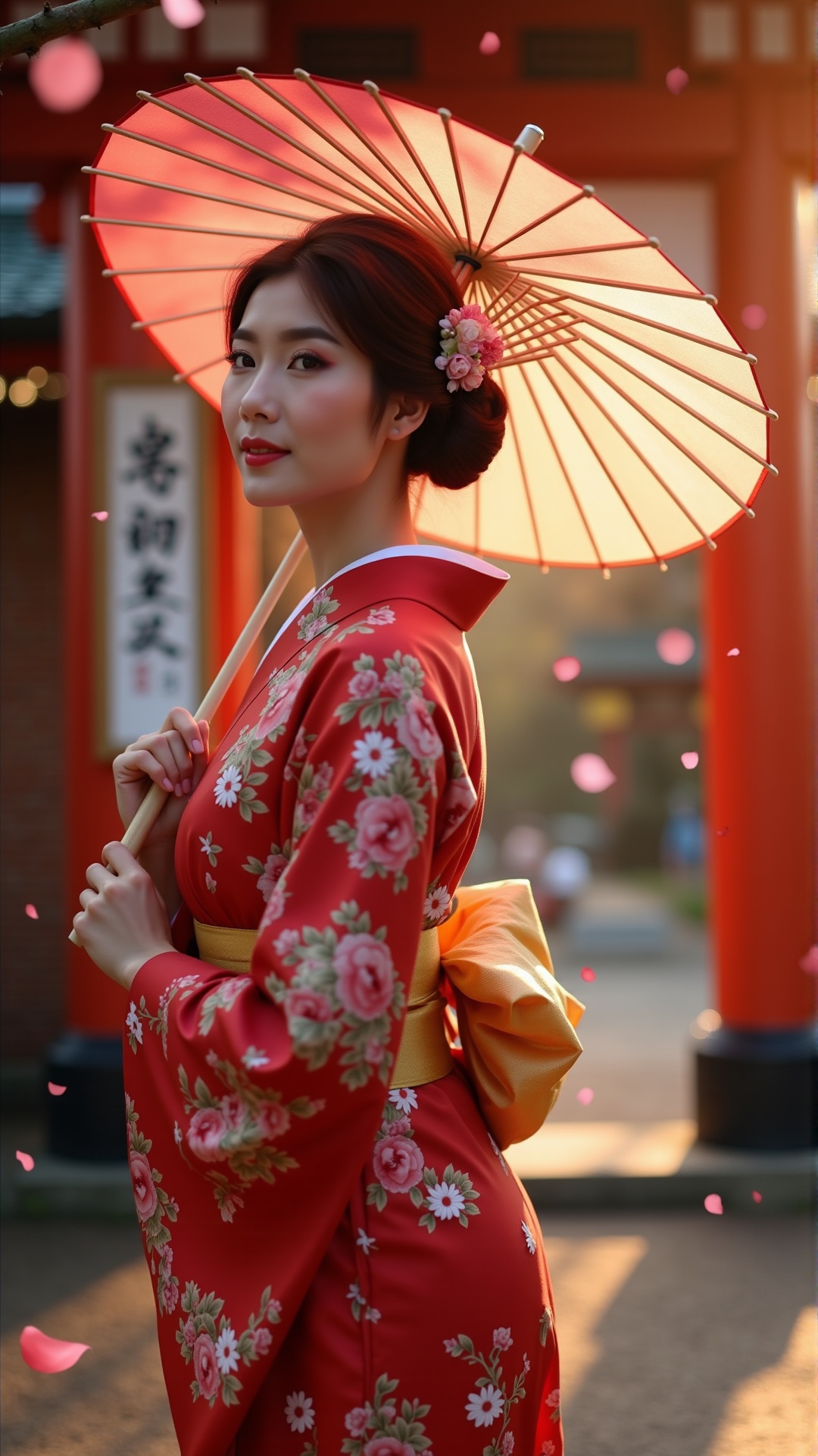 A beautiful and sexy woman wearing a traditional yet elegant kimono,  standing in front of a Japanese shrine,  holding a J...