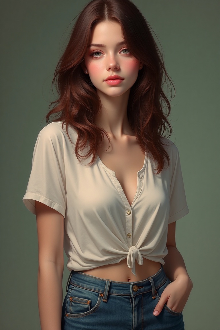 An ethereal digital painting of a woman in casual wear with rich,  deep hair (RGB Approx 120,  80 on Tensor.Art