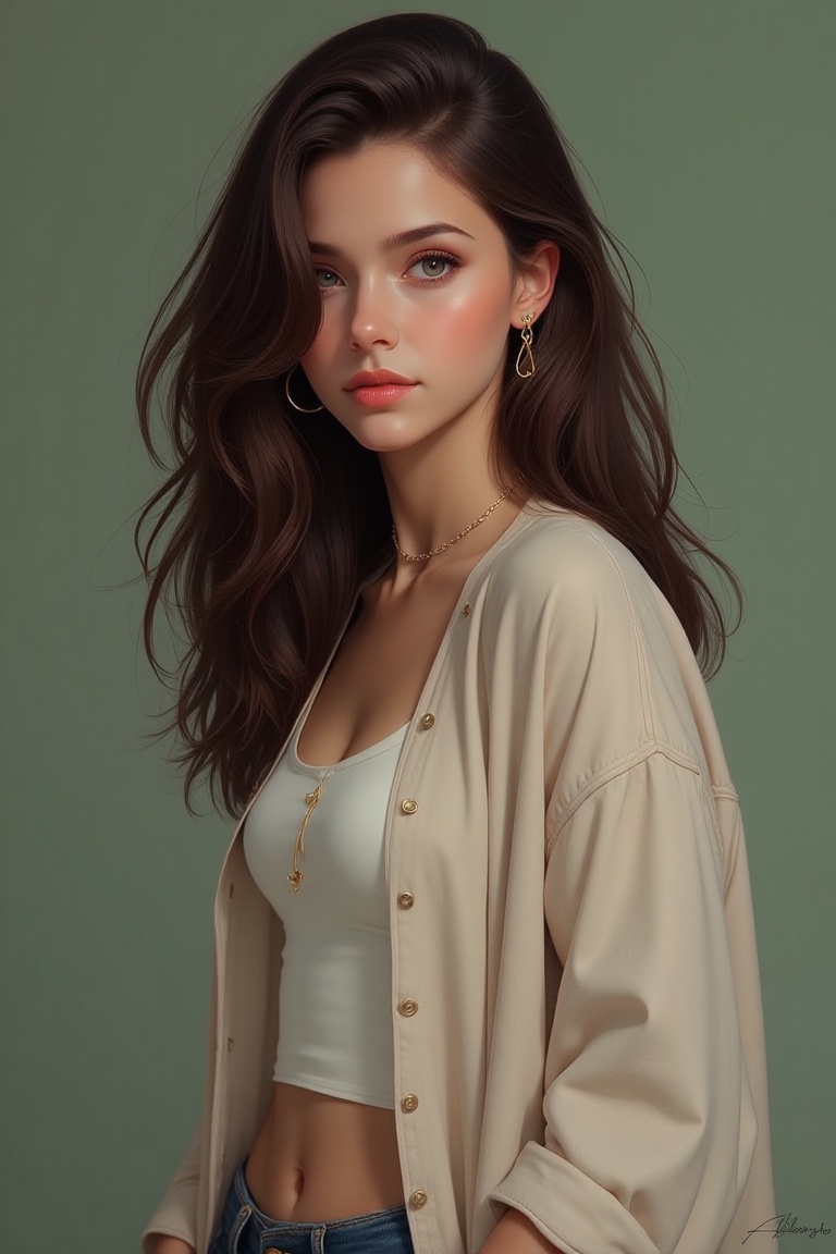 An ethereal digital painting of a woman in casual wear with rich,  deep hair (RGB Approx 120,  80 on Tensor.Art