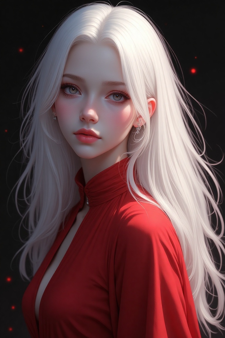 An ethereal digital painting of a woman with pristine white hair (RGB Approx 25) against a dark background (RGB Approx 10)...