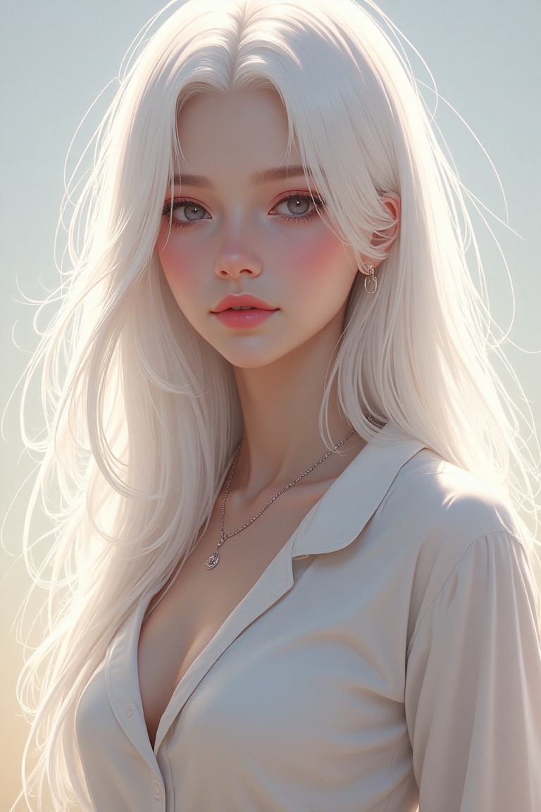 An ethereal digital painting of a woman in casual wear with pristine white hair (RGB approx). Her skin glows with a soft h...