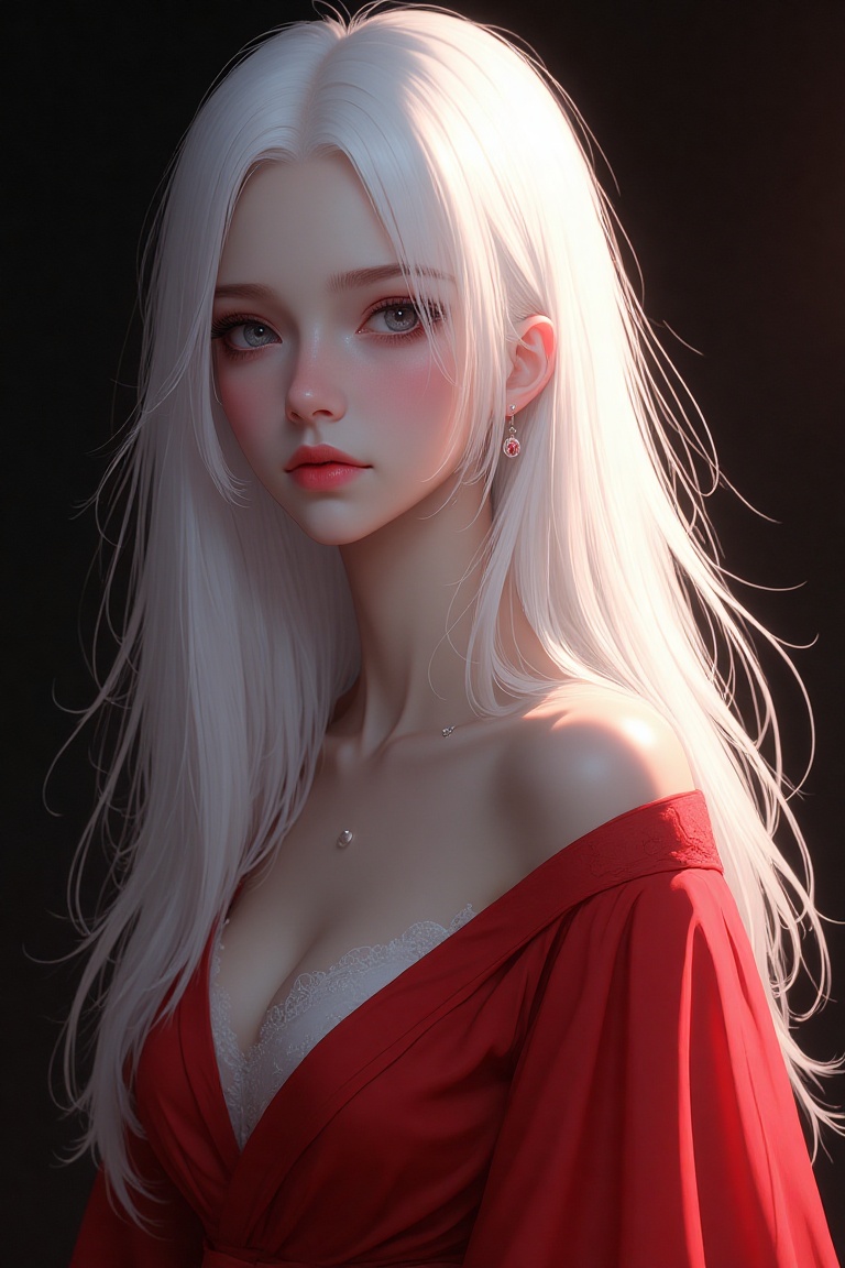 An ethereal digital painting of a woman with pristine white hair (RGB Approx 25) against a dark background (RGB Approx 10)...