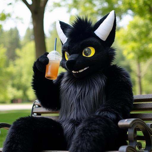 A man wearing a dragon fursuit has black fur and yellow eyes. He sits in the park drinking bubble tea,  He has White Horns...