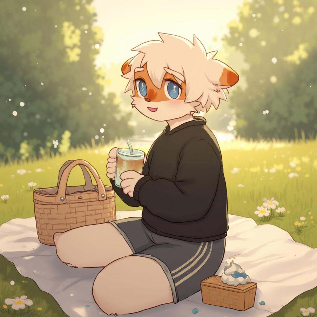 a digital art of milkytiger,  white hair,  blue eyes sparkling with delight on Tensor.Art