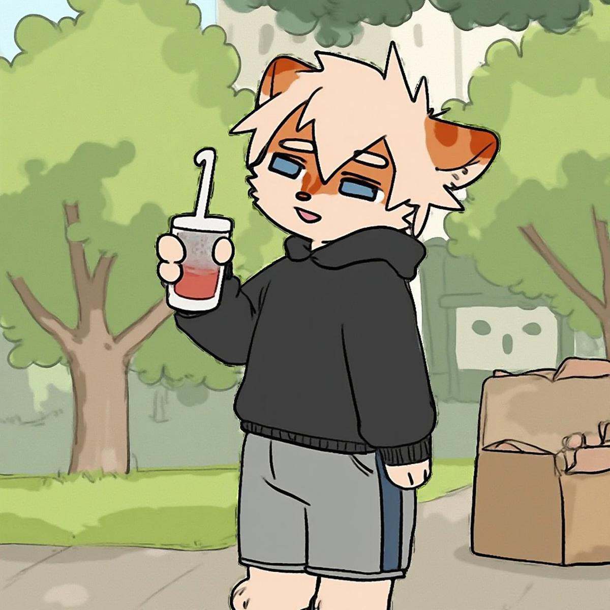 milkytiger with White hair and blue eyes in a Black sweater and Gray shorts holding Bubble tea in park he happy on Tensor.Art