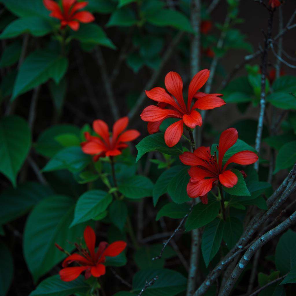 cinematic film still of cinematic ECN-2 film style a group of red flowers growing on a bush,  perfect image,  perfect body...