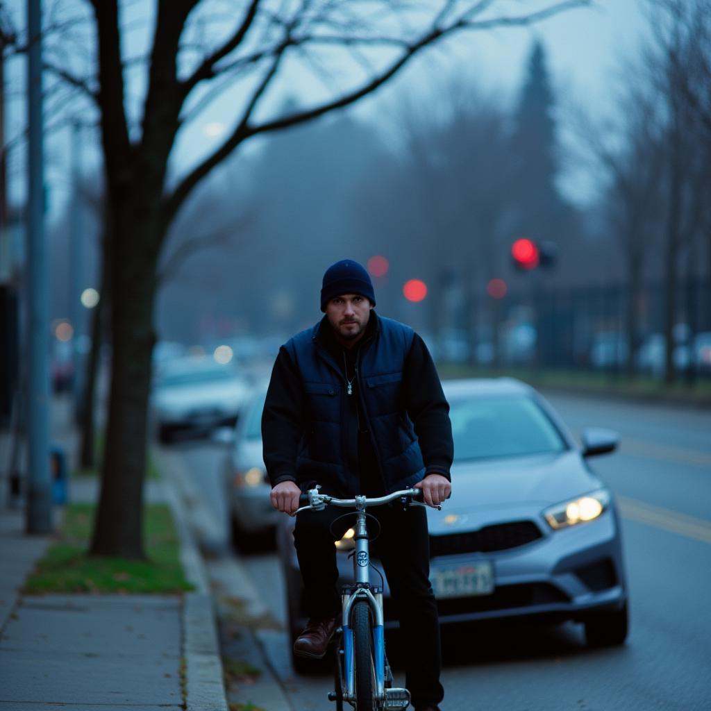 cinematic film still of morning daylight cinematic ECN-2 film style a man riding a bike down a street next to a car,  perf...