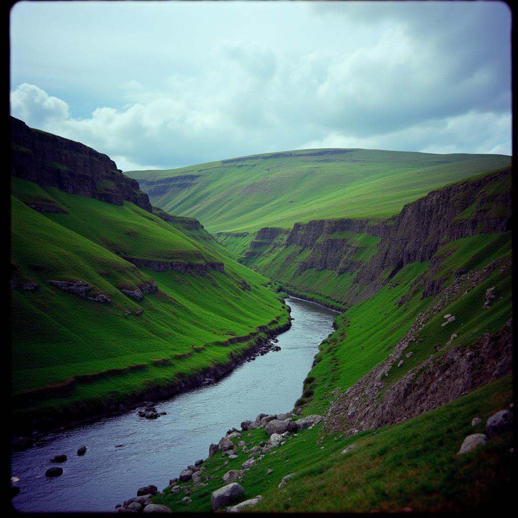 cinematic film still of cinematic ECN-2 film style a river flowing through a lush green hillside,  perfect image,  perfect...