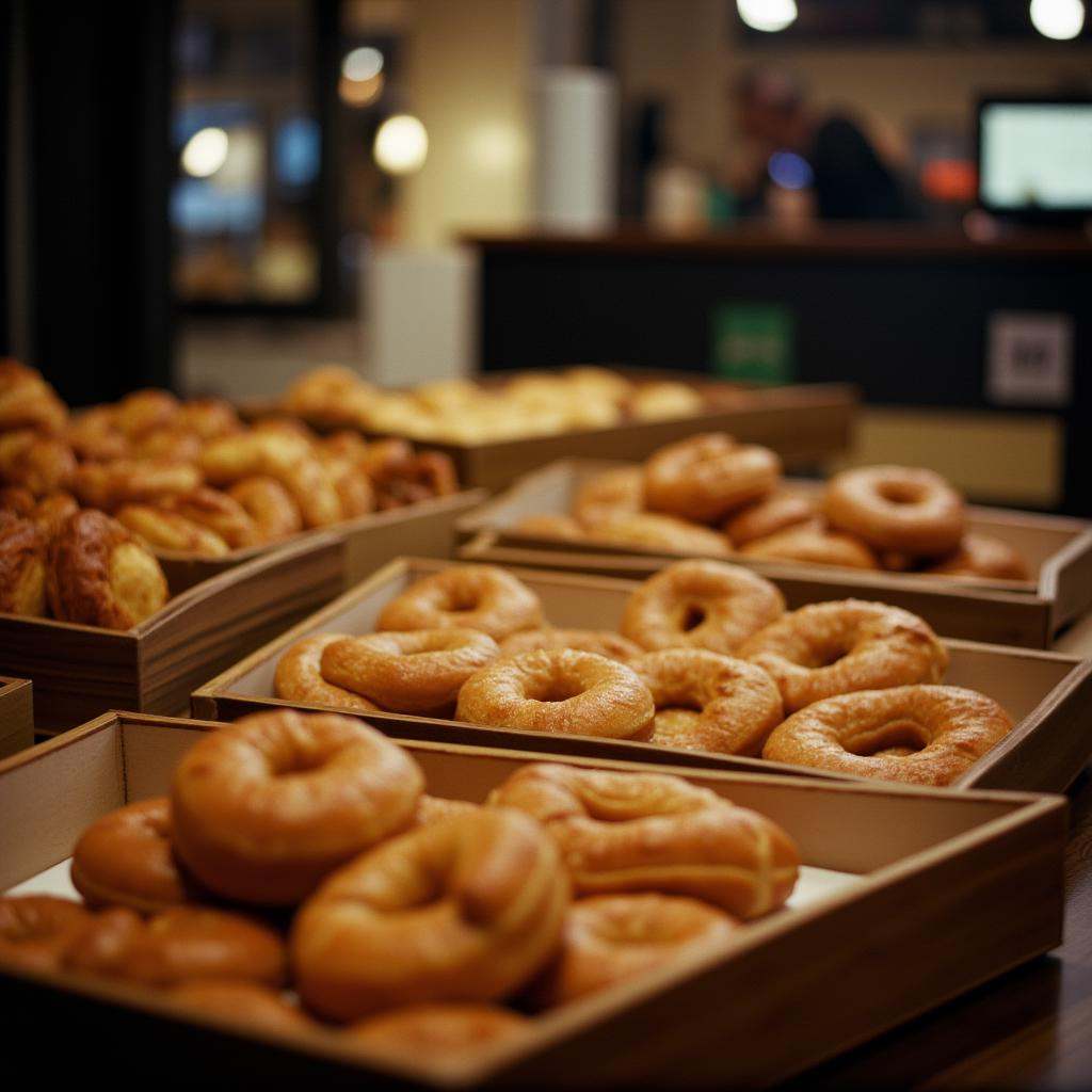 cinematic film still of cinematic ECN-2 film style a display of doughnuts and other pastries in wooden boxes,  perfect ima...