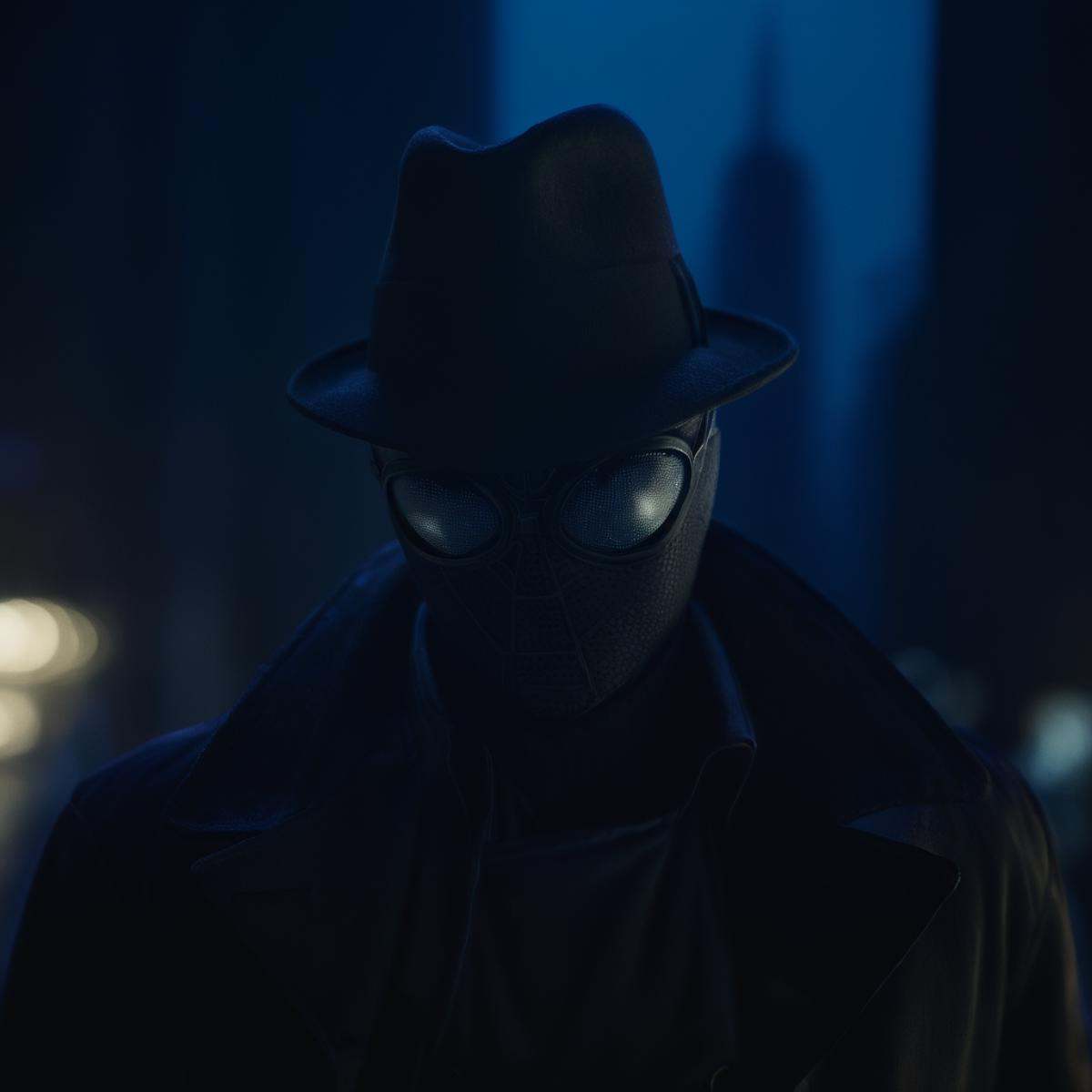 cinematic film still of Spider-Man Noir at blue night in dark city streets,  shallow depth of field,  vignette on Tensor.Art