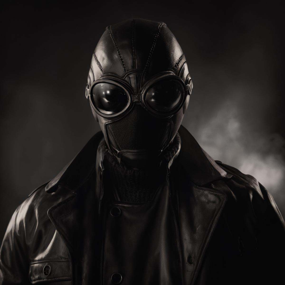 cinematic film still of Spider-Man Noir a man wearing a leather jacket and goggles in Marvel Noir universe,  solo,  1boy o...
