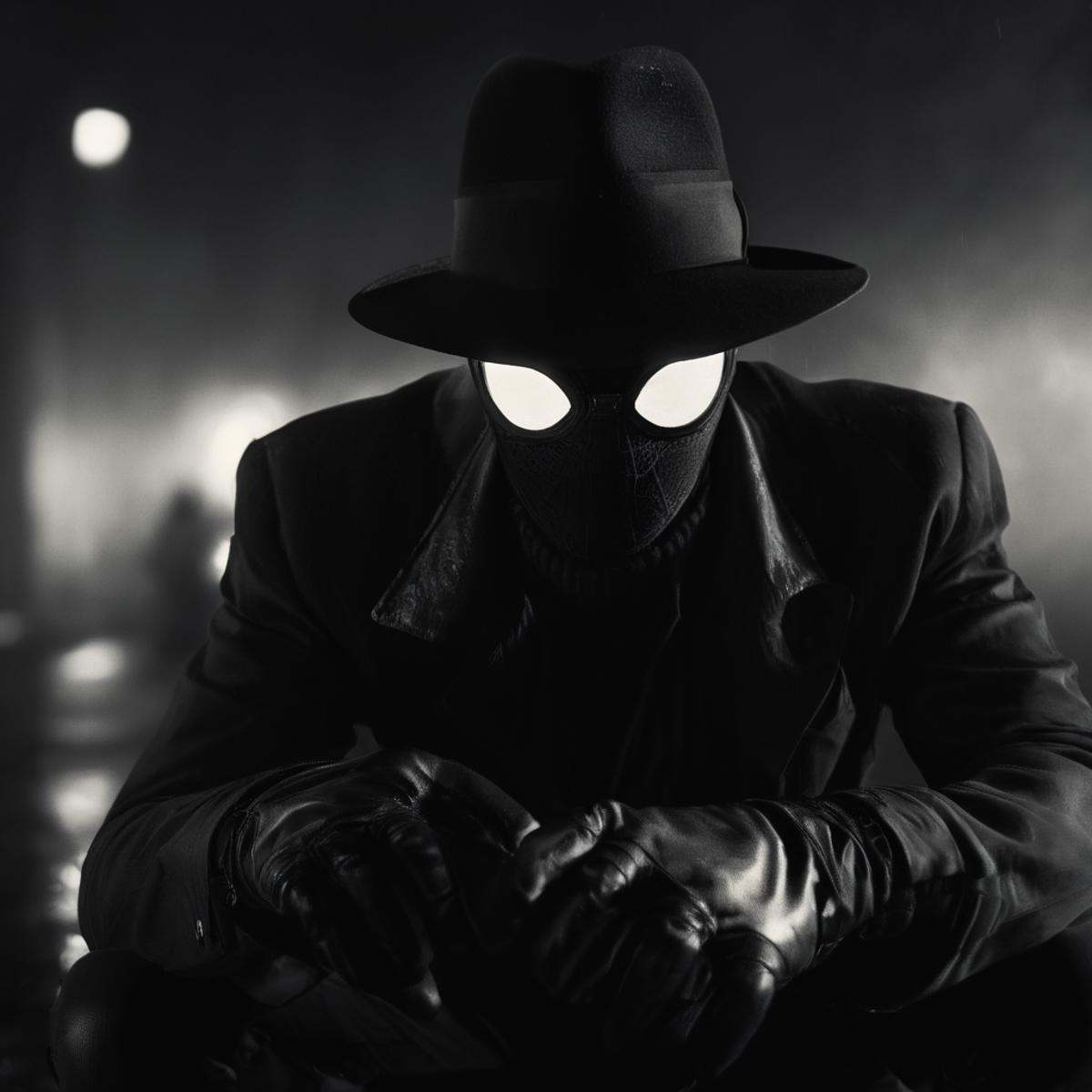 cinematic film still of Spider-Man Noir a man in a hat and a black shirt crouches down in Marvel Noir universe,  solo,  lo...