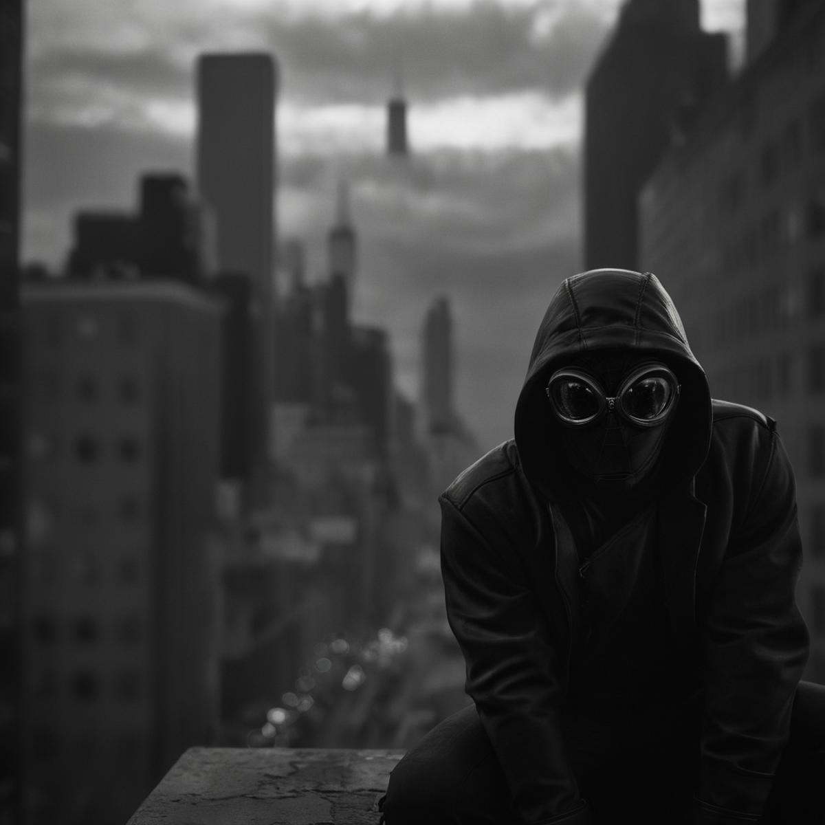 cinematic film still of Spider-Man Noir a man in a hoodie is looking out over a city in Marvel Noir universe,  solo,  glov...
