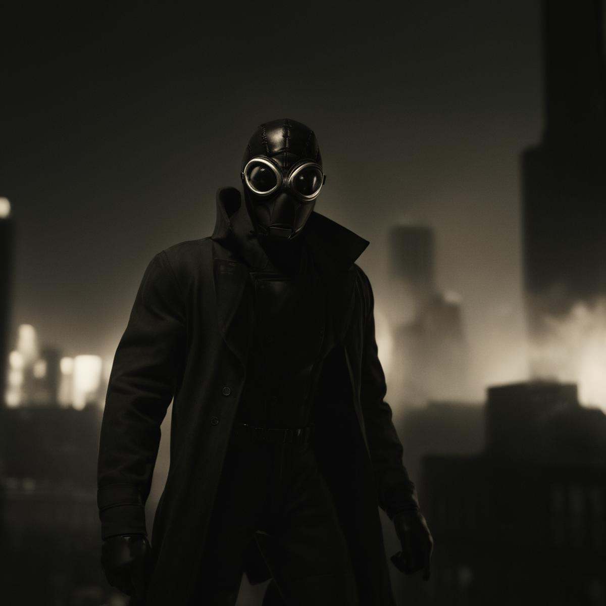 cinematic film still of Spider-Man Noir a man in a gas mask is standing in the city in Marvel Noir universe,  solo,  1boy...