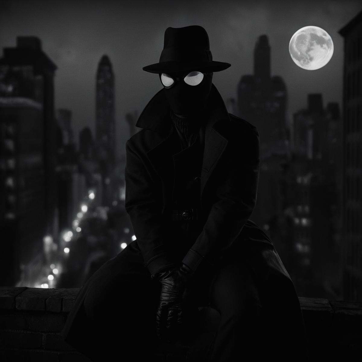 cinematic film still of Spider-Man Noir a man in a black suit and hat sitting on a ledge in Marvel Noir universe,  solo,...