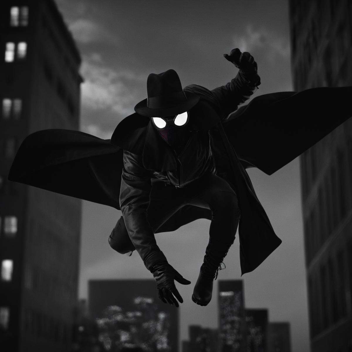 cinematic film still of Spider-Man Noir a man in a trench coat is flying over a city in Marvel Noir universe,  solo,  glov...