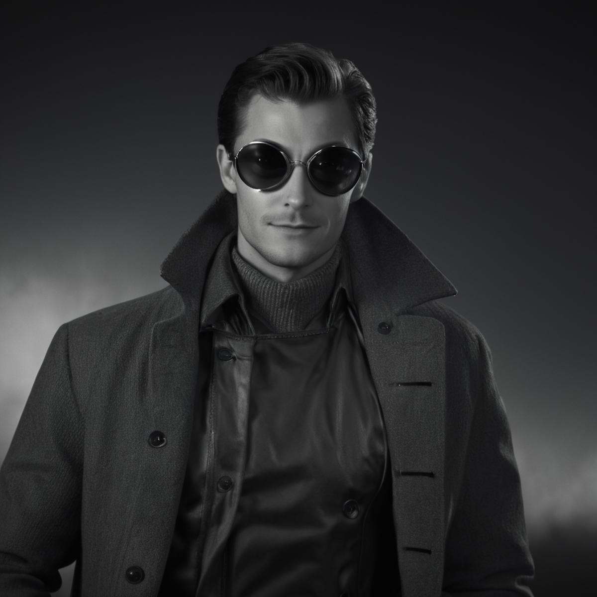 cinematic film still of peter parker a man in a coat and sunglasses looking at camera in Marvel Noir universe,  solo,  loo...