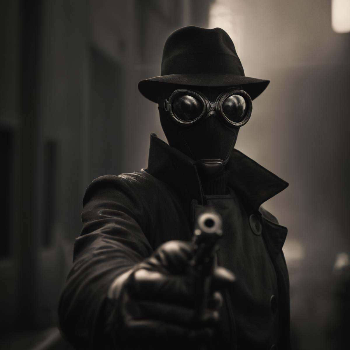 cinematic film still of Spider-Man Noir a man in a gas mask holding a gun in Marvel Noir universe,  solo,  gloves on Tenso...