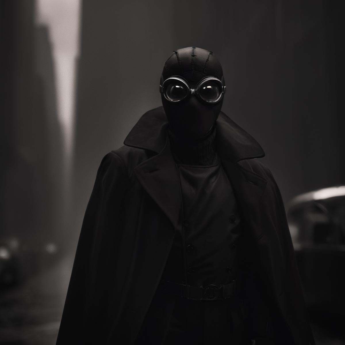 cinematic film still of Spider-Man Noir a man in a black suit with red eyes in Marvel Noir universe,  solo,  gloves on Ten...