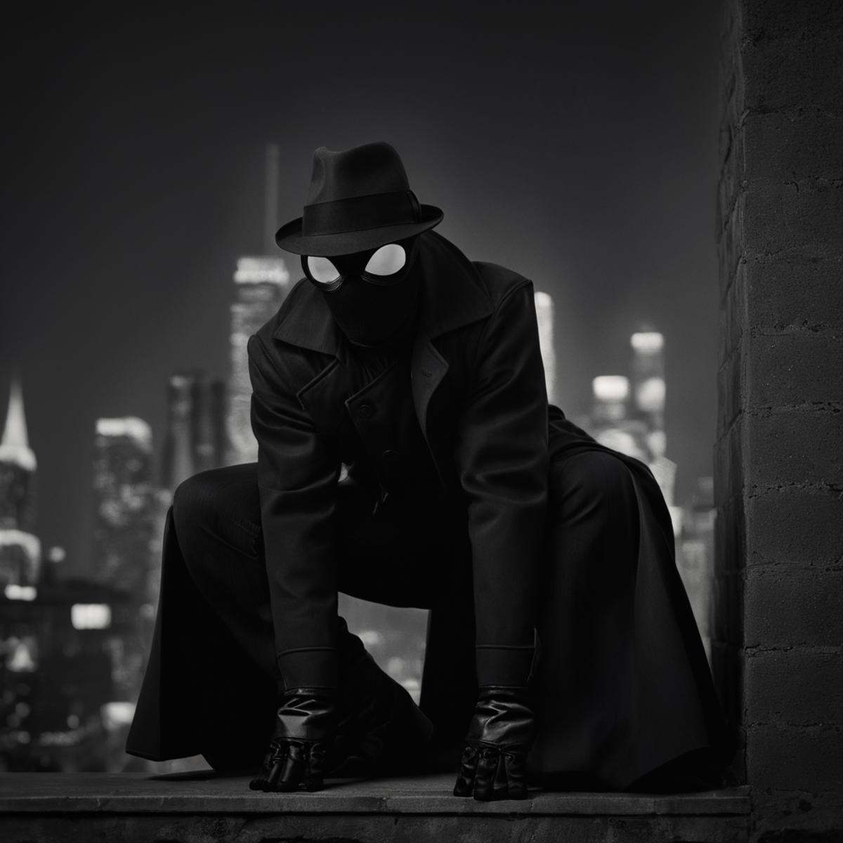 cinematic film still of Spider-Man Noir a man in a black suit and hat crouches down on a ledge in Marvel Noir universe,  s...