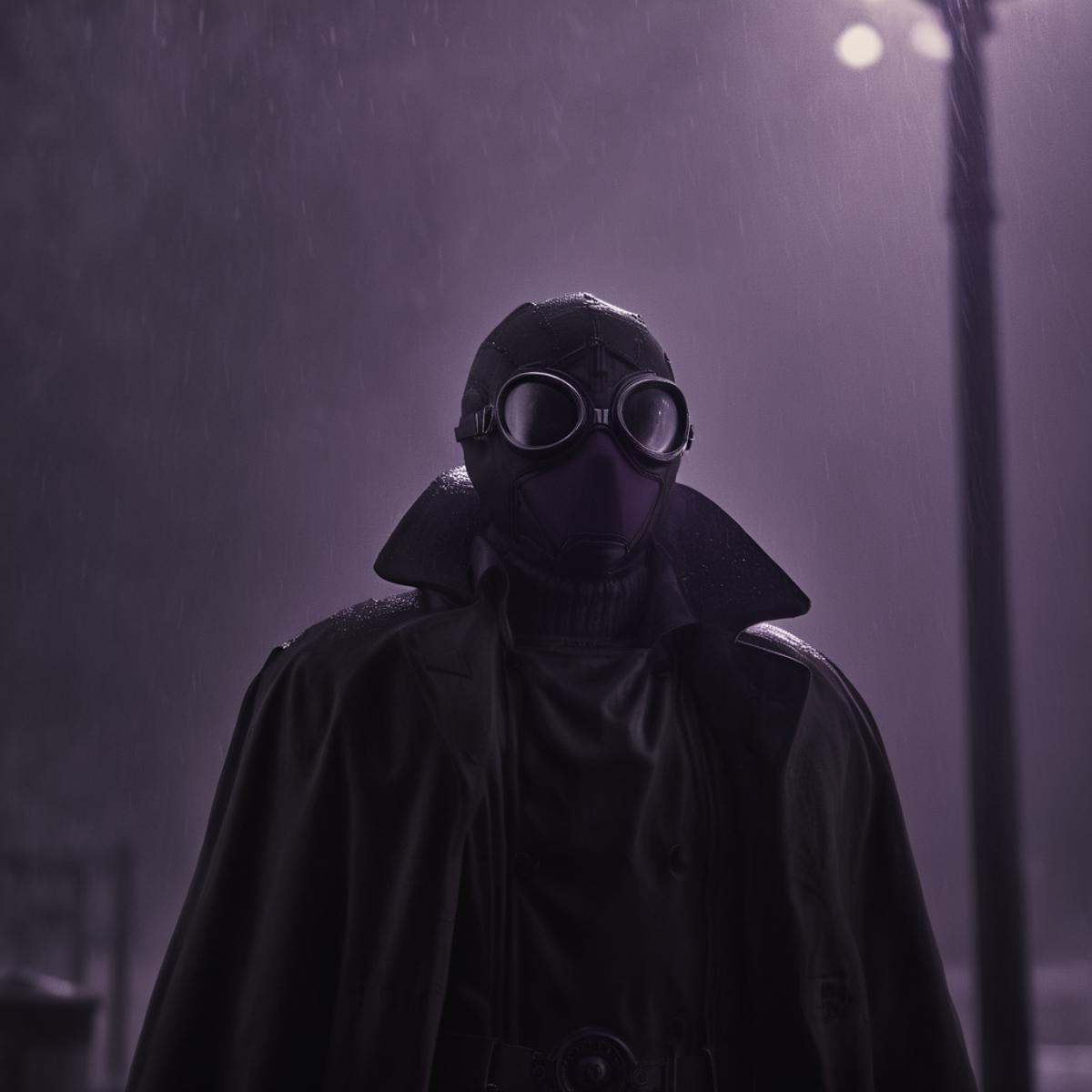 cinematic film still of Spider-Man Noir a man in a gas mask standing in the rain in Marvel Noir universe,  solo,  gloves o...